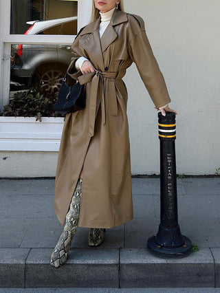 Tatum Taupe Faux Leather Trench Coat