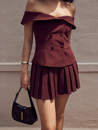 Maroon Blazer Top With Pleated Skirt Set