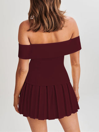 Maroon Blazer Top With Pleated Skirt Set