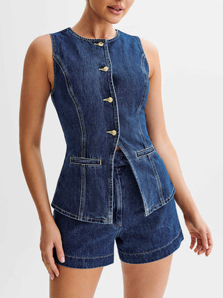 Dana Denim Peplum Vest With Shorts Set