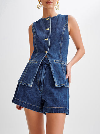 Dana Denim Peplum Vest With Shorts Set