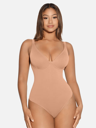 Essential V Neck Tummy Control Thong Bodysuit