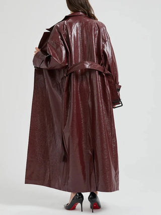 Blanche Burgundy Wet Leather Trench Coat