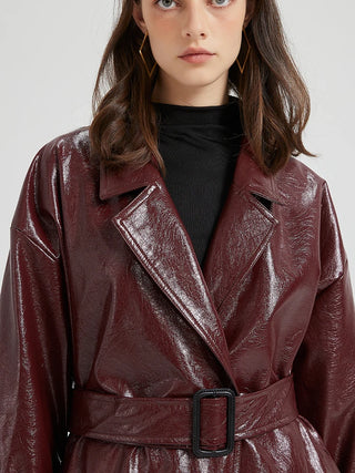 Blanche Burgundy Wet Leather Trench Coat